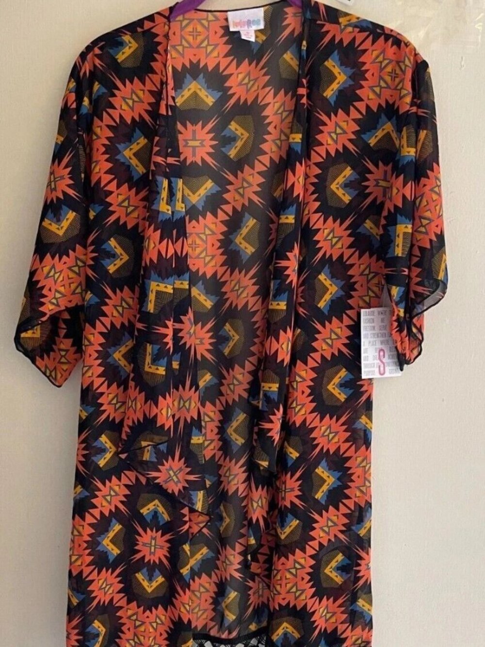 LuLaRoe Monroe Small Kimono Womens Black Orange Geometric Sheer Fringe NWT